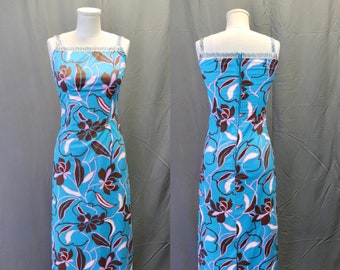 Vintage 1960s Blue, White, and Pink Hawaiian Floral Print Maxi Dress with Metallic Threaded Straps, Size XS // Small