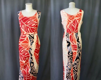 Vintage Tan, Red, and Black Hawaiian Maxi Dress with Tropical Floral Pattern, Size Medium // Large — Pinup // Tiki // Rockabilly