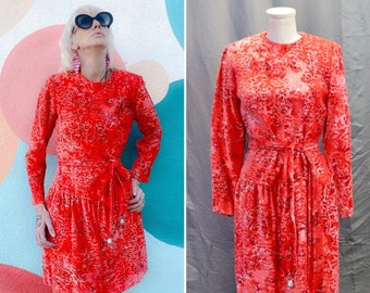 Vintage 1960s “Young Castilian” Red and Pink Floral Pattern Velvet Midi Shift Dress with Long Sleeves, Size Medium // Large — Mod // Boho