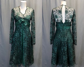 Vintage 1960s Emerald Green Floral Brocade and Lace Mini Babydoll Dress, Size XS // Small — Mod // Grunge // Gothic