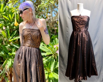 Vintage 1950s Copper and Black Polka Dot Strapless  Cocktail Dress, Size Small -- Rockabilly // Pinup // Prom