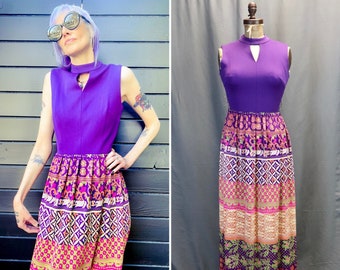 Vintage 1960s Purple and Colorful Sleeveless Maxi Dress with Keyhole Neckline and Psychedelic Floral Pattern, Size Medium—Boho // Hippie