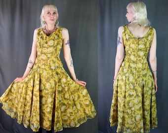 Vintage 1950s Yellow and Brown Chiffon and Taffeta Floral Fit and Flare Circle Dress, Size Small -- Rockabilly // Pinup // Swing