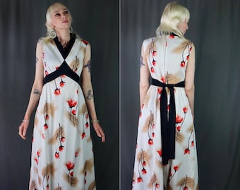 Vintage 1960s White Sleeveless Summer Maxi Dress with Red Floral (Rose) Pattern, Size Small // Medium -- BoHo // Hippie // Festival