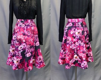 Vintage 1950s Black and Pink Floral (Poppy) Midi Circle Skirt, Size XS — Rockabilly // Pinup // Boho