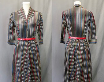 Vintage 1950s Black Rainbow Stripe Fit and Flare Taffeta Shirtdress with Red Belt, Size Small // Medium — Pinup // Rockabilly // Glam