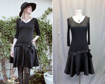 Vintage 1960s Joseph Magnin Designer Black Rayon Mini Dress with Bow, Size Small // Medium — Mod // Gothic // Witchy