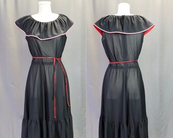 Vintage 1970s Sheer Black Mexican Style Dress with Red and White Piping, Size Medium // Large — Gothic // Pinup // Rockabilly