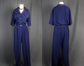 Vintage 1980s Saint Germain of Paris Designer Navy Blue Short Sleeve Jumpsuit with Short Sleeves, Size Medium // Large -- Boho // Hipster