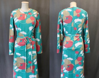 Vintage 1960s Designer Lorac Original Blue Green and Pink Floral Print Midi Dress with Tie, Size Large // XL — Boho // Mod // Festival