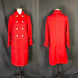 Vintage 1960s Deadstock Solid Red Double Breasted Raincoat // Trench Coat with White Piping, Size Medium // Large — Mod // Boho