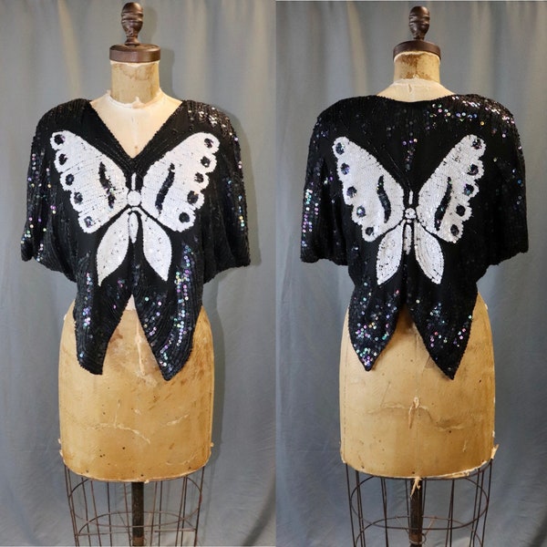 Vintage 1970s Black Aurora Borealis Sequin Butterfly Blouse with Wing Sleeves, Size Medium // Large — Disco // Festival // Glam