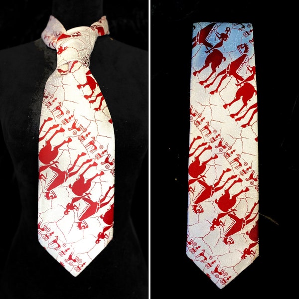 Vintage 1970s Psychedelic Silver and Rusty Red Wide Necktie with Novelty Southwest Pack Mule Pattern — Avant Garde // Rocker