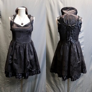 Vintage 1990s Black Brocade Babydoll Pinafore Dress with Satin Ruffle Lining and Lace Trim, Size Small Gothic // Lolita // Grunge image 2