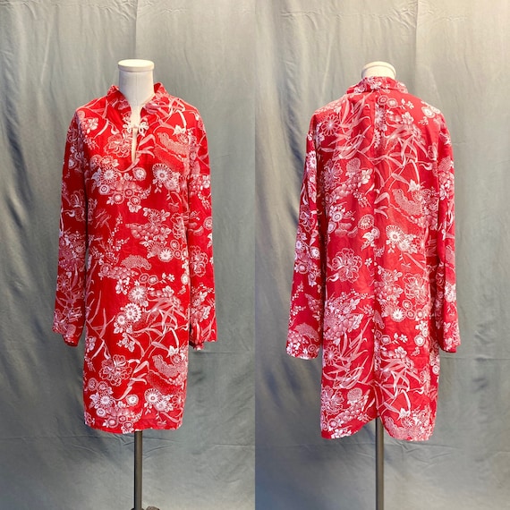 Vintage 1970s Red Hawaiian Floral Tent Dress with