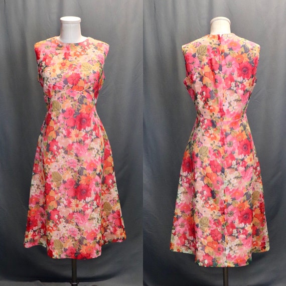 Vintage 1960s Coral Pink Floral Daisy Crepe Sleeveless Midi | Etsy