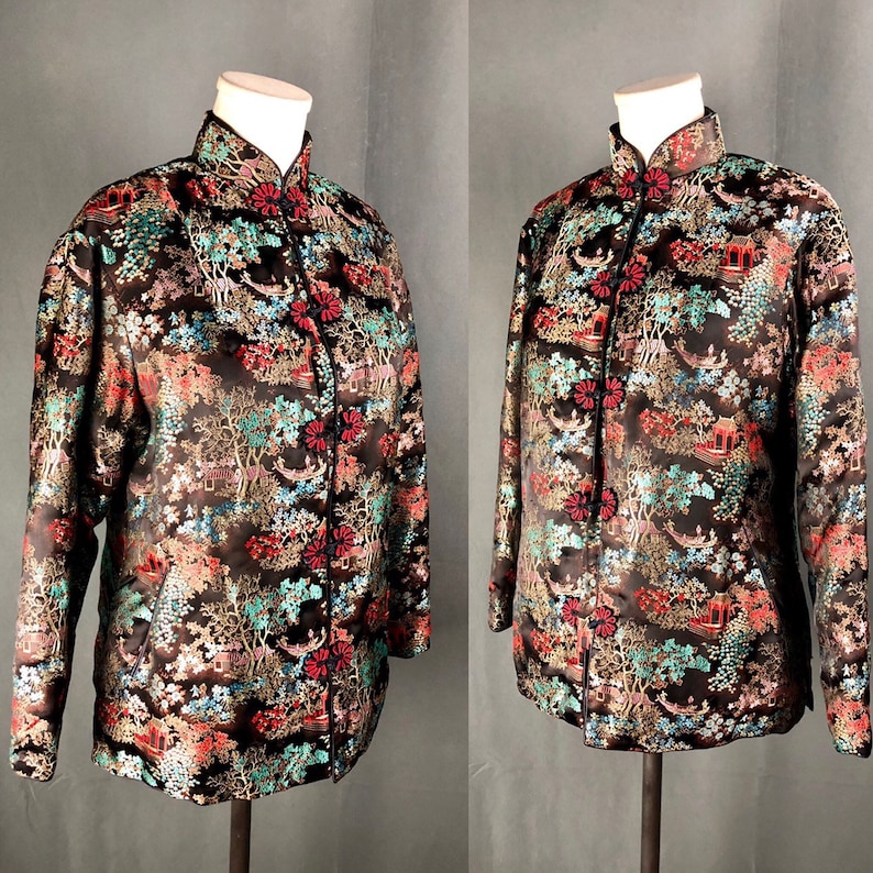 Chinoiserie Asian Boho Vintage Black Satin Brocade Floral Chinese Jacket Size Medium
