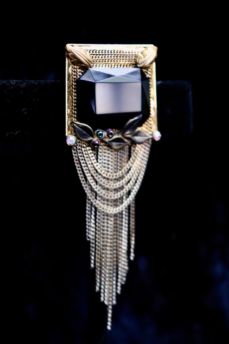 Vintage 1940s Marena 18K Gold Plate Brooch with Onyx Center \u2014 Art Deco Gatsby Flapper Gothic