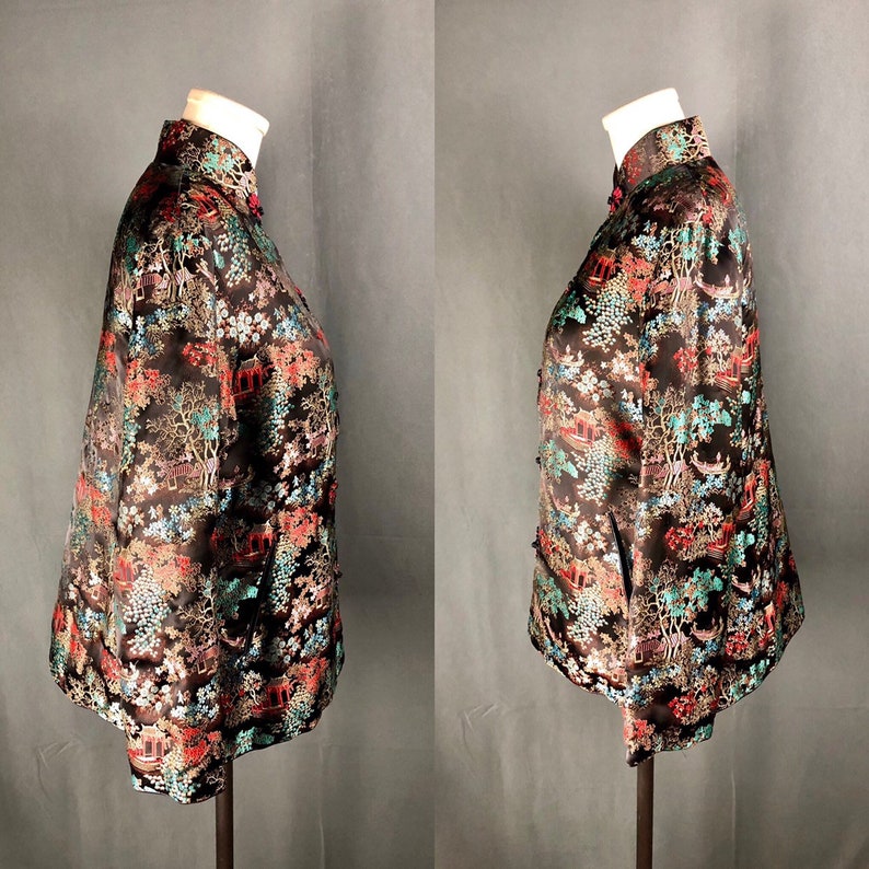 Chinoiserie Asian Boho Vintage Black Satin Brocade Floral Chinese Jacket Size Medium