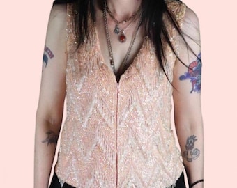 Top vintage anni '50 con perline e paillettes, Chevron rosa, taglia M
