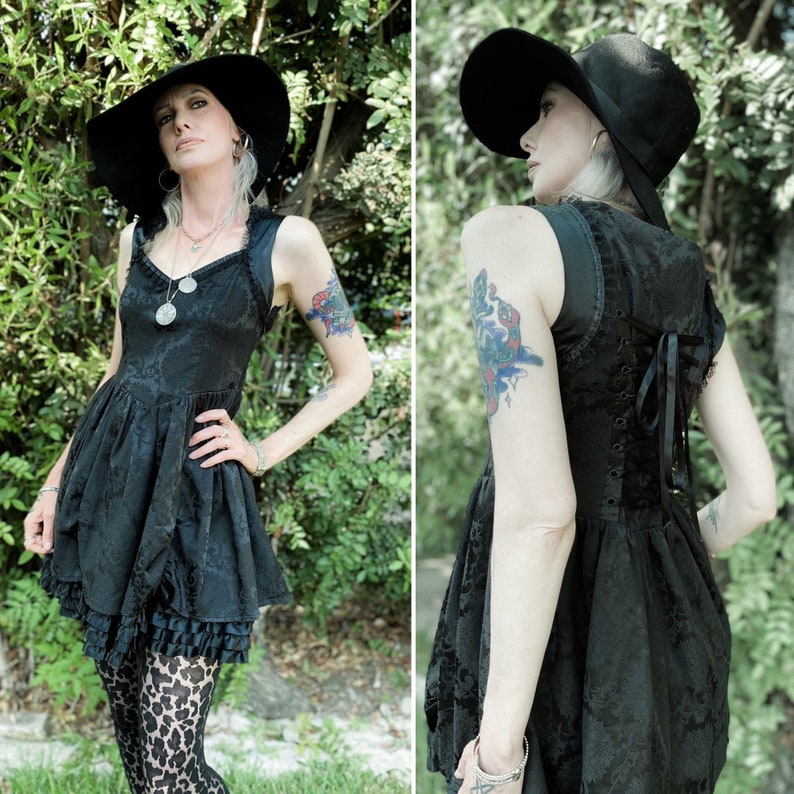 Vintage 1990s Black Brocade Babydoll Pinafore Dress with Satin Ruffle Lining and Lace Trim, Size Small Gothic // Lolita // Grunge image 1