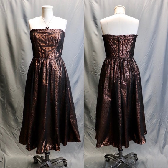 Vintage 1950s Copper and Black Polka Dot Straples… - image 2