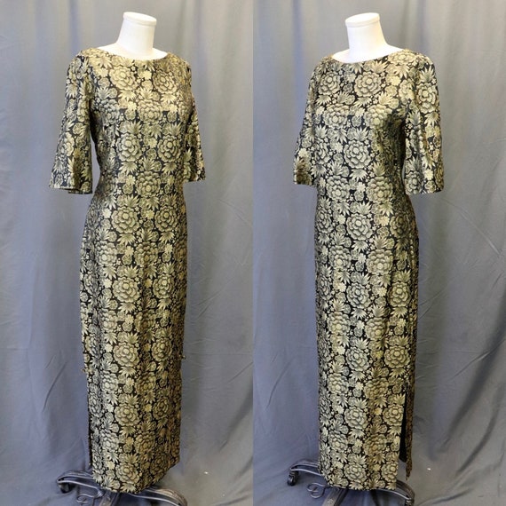 Vintage 1950s Hawaiian Black and Gold Metallic Si… - image 3