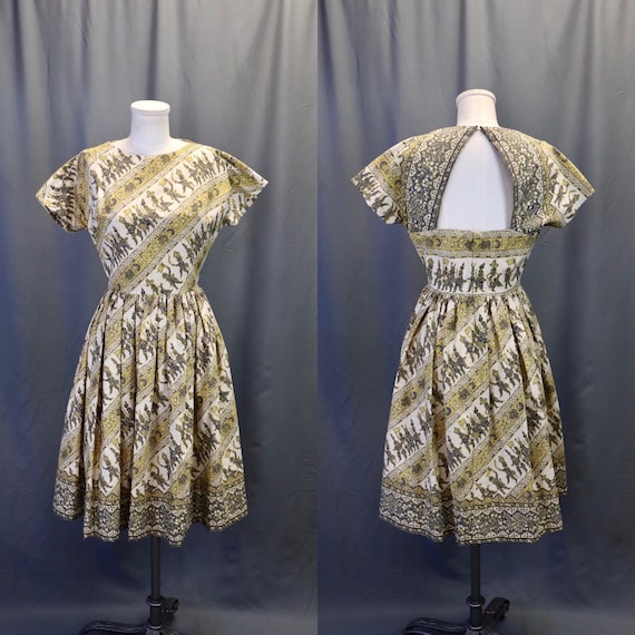 Vintage 1950s Cream and Yellow Cutout Back Fit an… - image 1