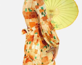 Vintage Neiman Marcus Geometric Mini Dress, 1970s Balloon Sleeve Boho