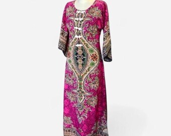 Sukienka kaftan z bawełny w stylu vintage z lat 70. w stylu tajskim | Jaskraworóżowy strój wypoczynkowy w stylu boho | Ręcznie robiona tkanina etniczna | Styl hipisowski