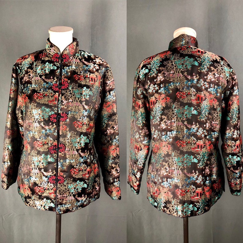 Chinoiserie Asian Boho Vintage Black Satin Brocade Floral Chinese Jacket Size Medium