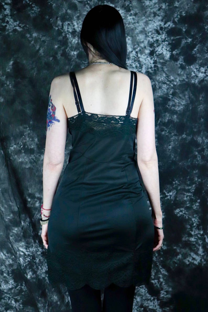 Size Medium Pinup Burlesque Glamour Lingerie Vintage 1960s Black Slip with Lace Top and Bottom