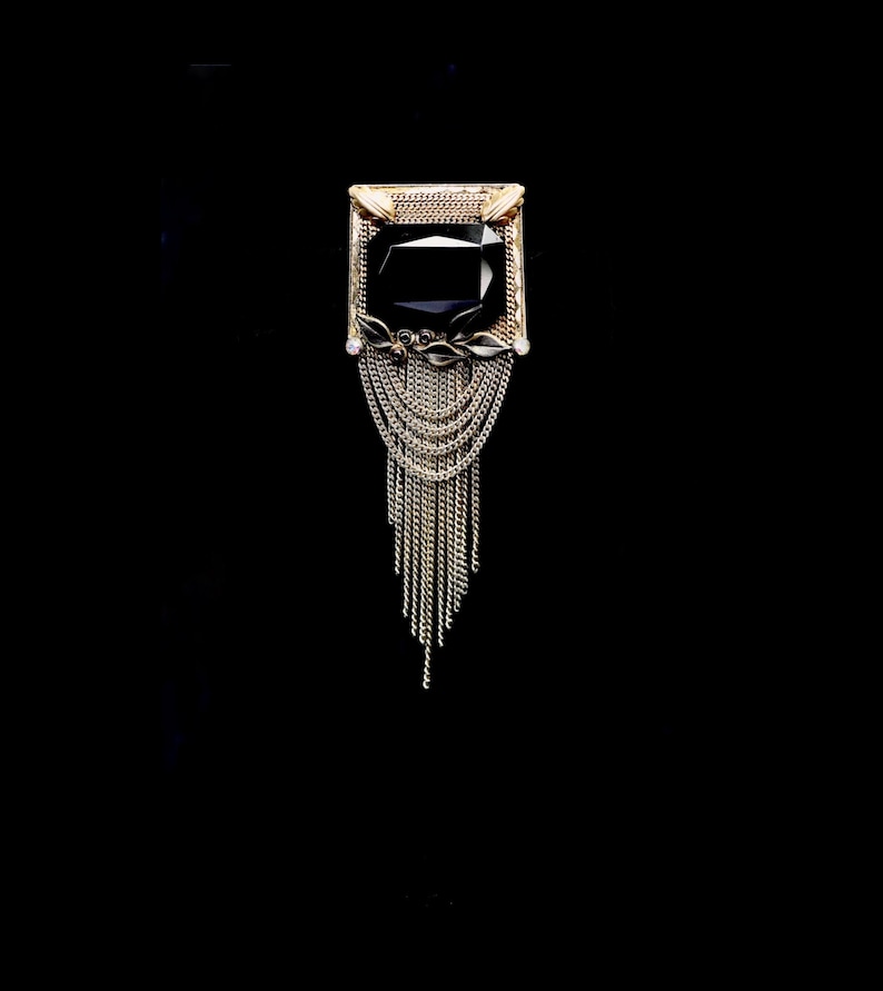 Vintage 1940s Marena 18K Gold Plate Brooch with Onyx Center \u2014 Art Deco Gatsby Flapper Gothic