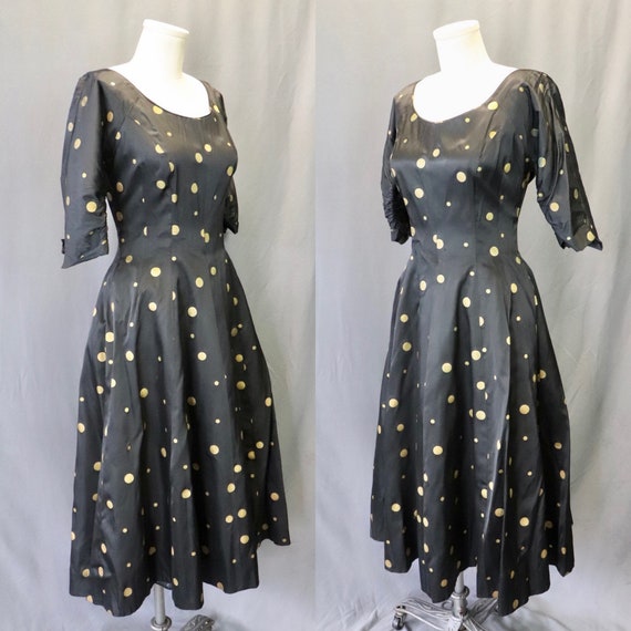 Vintage 1940s Black Rayon Fit and Flare Dress wit… - image 2