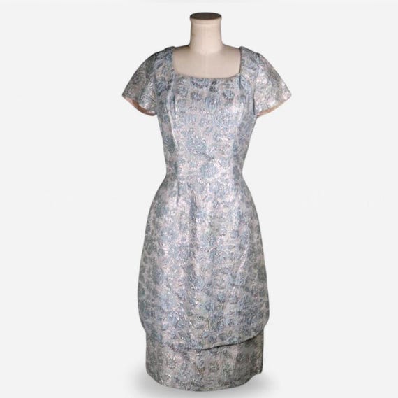 1960s Lilli Diamond Floral Brocade Cocktail Dress, Vintage Periwinkle Blue Midi