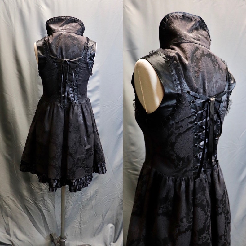 Vintage 1990s Black Brocade Babydoll Pinafore Dress with Satin Ruffle Lining and Lace Trim, Size Small Gothic // Lolita // Grunge image 5