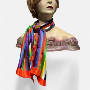 Vintage 1970s Echo Designer Black Rainbow Stripe Rectangular Scarf