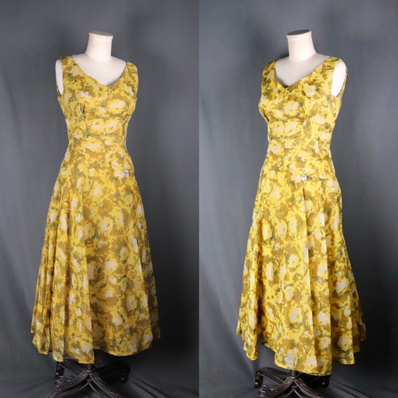 Vintage 1950s Yellow and Brown Chiffon and Taffet… - image 4