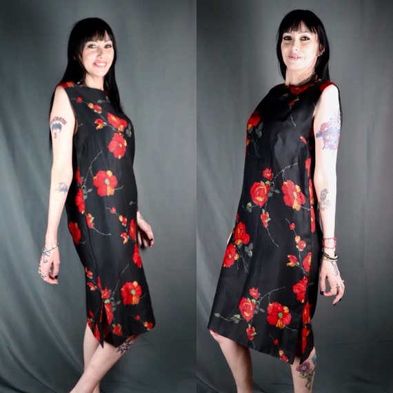 Vintage 1950s Black and Red Floral (Roses) Shift … - image 2