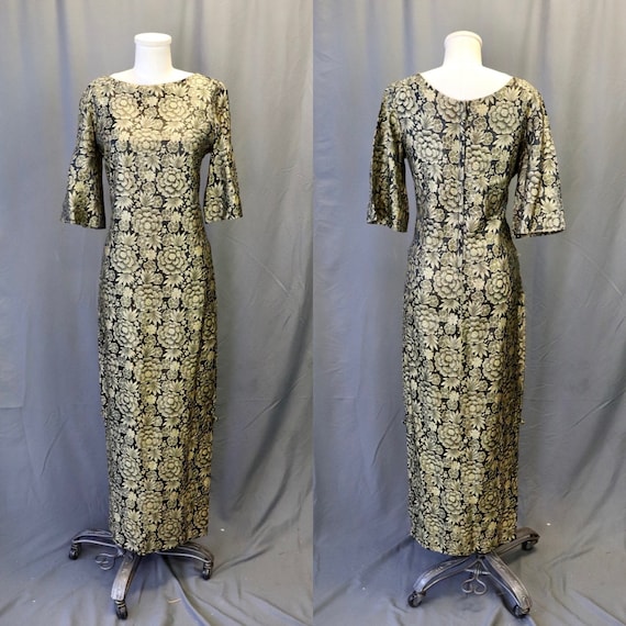 Vintage 1950s Hawaiian Black and Gold Metallic Si… - image 1