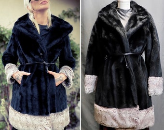 Vintage 1960s Black Penny Lane Faux Fur Mid-Length Coat with Chinchilla Trim, Size Medium // Large — Boho // Glam // Festival // Gothic