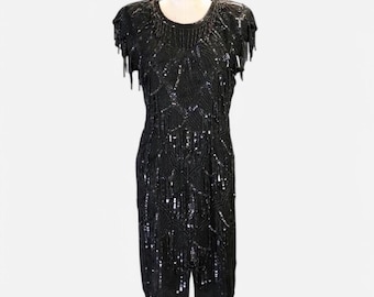 Vintage 1980s Designer Carina Black Pure Silk Sequin Disc and Dangle Beaded Flapper Style Midi Dress, Size Medium // Large — Gatsby // Deco