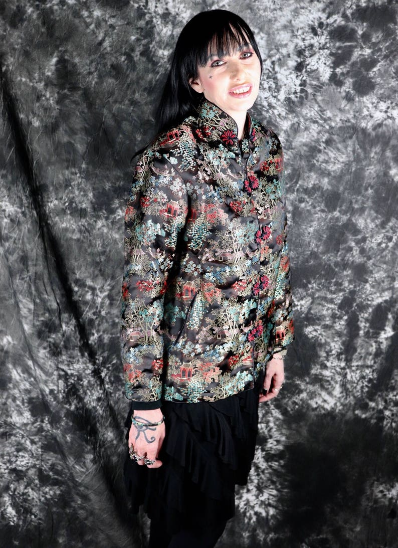 Chinoiserie Asian Boho Vintage Black Satin Brocade Floral Chinese Jacket Size Medium