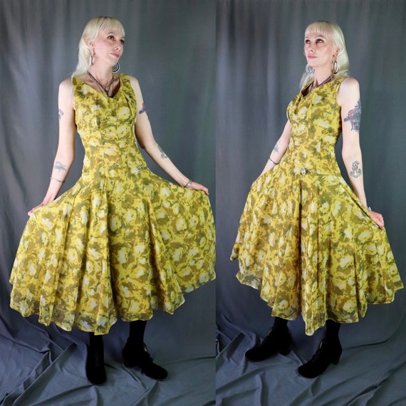 Vintage 1950s Yellow and Brown Chiffon and Taffet… - image 2