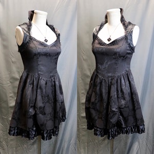 Vintage 1990s Black Brocade Babydoll Pinafore Dress with Satin Ruffle Lining and Lace Trim, Size Small Gothic // Lolita // Grunge image 3