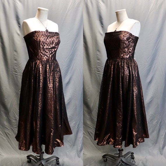 Vintage 1950s Copper and Black Polka Dot Straples… - image 3