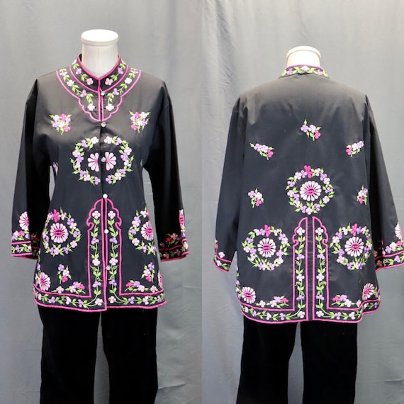 Vintage 1960s Black and Pink Embroidered Asian //… - image 1