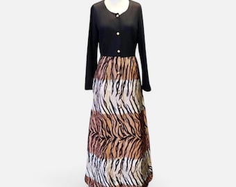 Vintage 1960s Rhapsody Designer Black Maxi Dress with Large White and Brown Tiger Stripe Print Quilted Skirt, Size Medium // Large