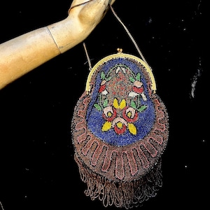 Antique 1920s Metro Bag Works Parisian Beaded Evening Bag with Front and Back Floral Bouquet Pattern and Fringe—Flapper // Deco // Glam