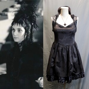 Vintage 1990s Black Brocade Babydoll Pinafore Dress with Satin Ruffle Lining and Lace Trim, Size Small Gothic // Lolita // Grunge image 6